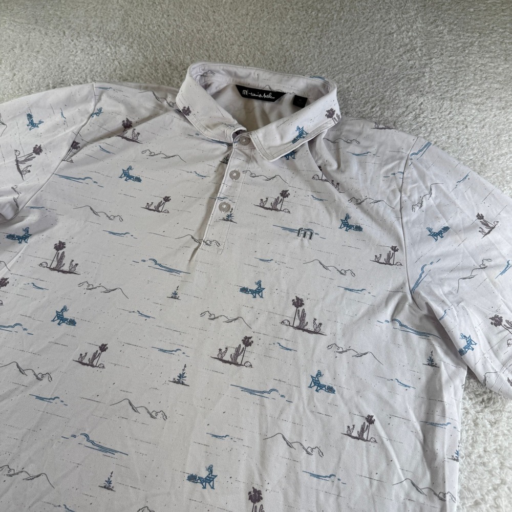 TravisMathew Polo Shirt Mens XL White Desert Print Used Short Sleeve Golf 3013